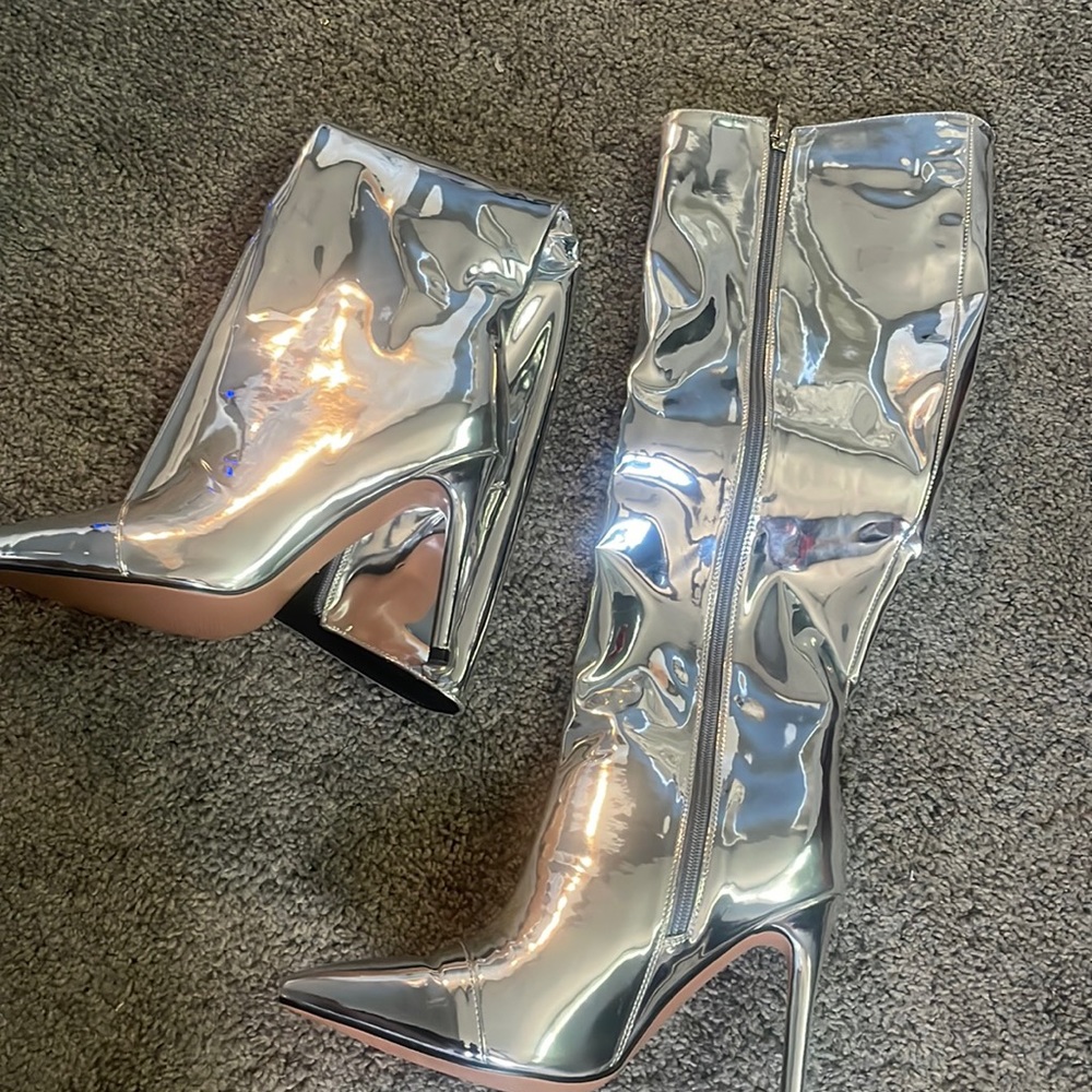Silver metallic calf boots never worn